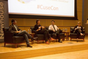 From left to right: Imran Khan, creative agency lead at Google, Kristina Weise, director of global PR at Soundcloud, Craig Radow, dIrector of media relations at 20th Century Fox, and Kate Brodock, director of the Center for Social Commerce and adjucnt Newhouse professor. Photo courtesy of CuseCon