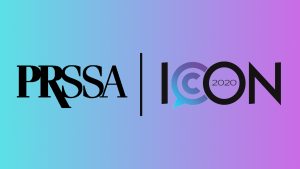 PRSSA logo left, ICON 2020 logo right, gradient background.