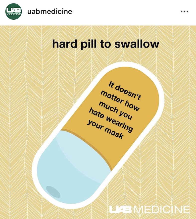 Pill graphic. Text on pill reads "It doesn't matter how much you hate wearing your mask"